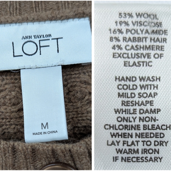 Ann Taylor Loft Cardigan Sweater Cable Knit Cashmere Blend Button Front Brown M - Picture 9 of 10